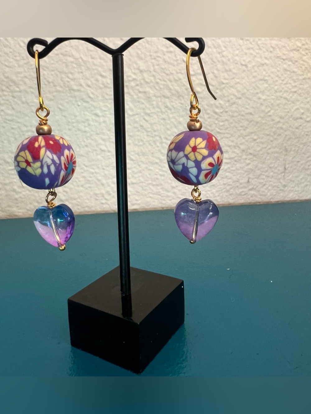 Handmade fimo bead with glass heart dangle earrings